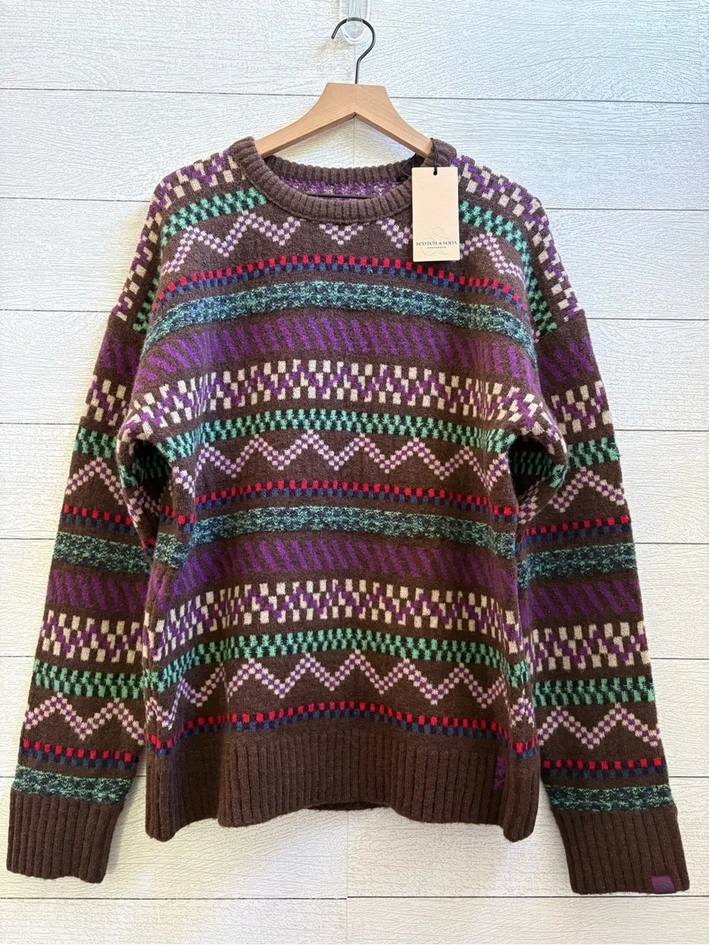 Scotch & Soda Fair Isle Jacquard Crewneck Sweater Brown Multi Mohair Blend L NWT